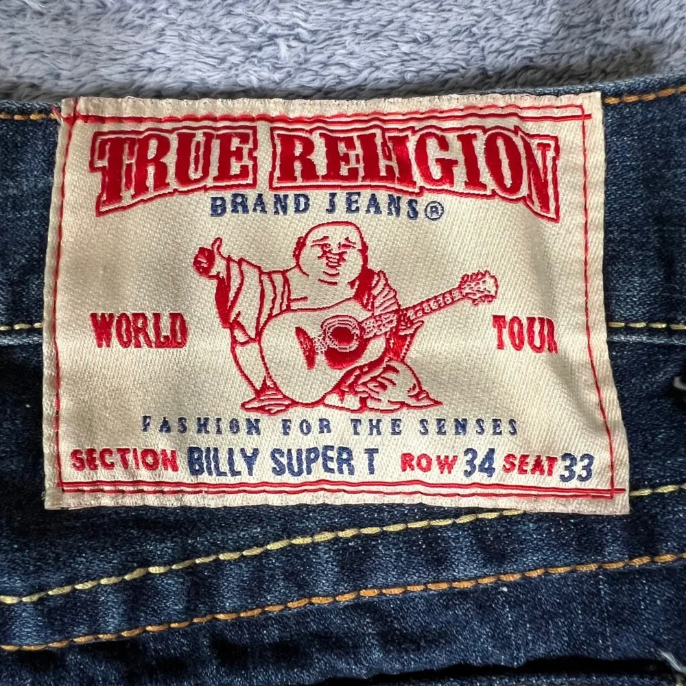True Religion Billy Super T Dark Wash Straight Leg Jeans Men 34x33 Yellow Stitch